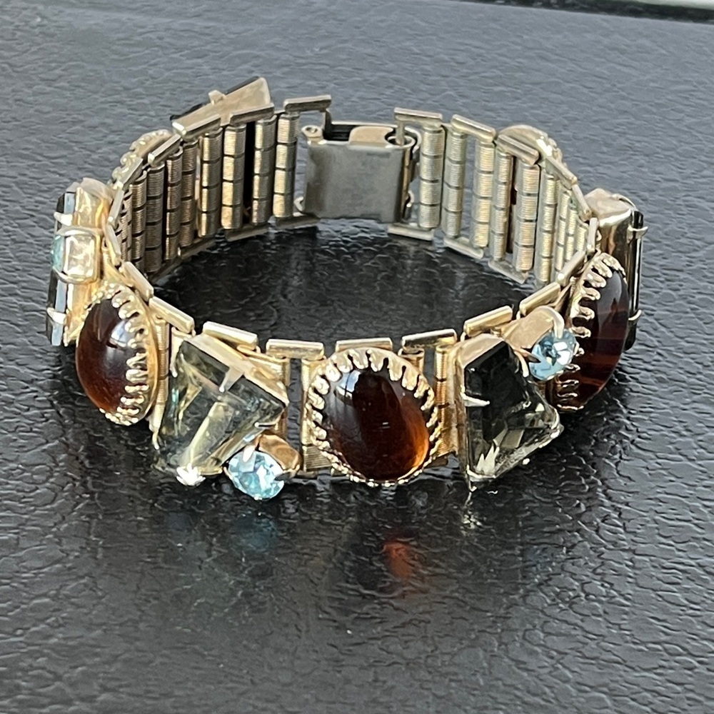 Vintage Rhinestone Bracelet Amber Aqua & Smoke Glass Stones Gold Tone